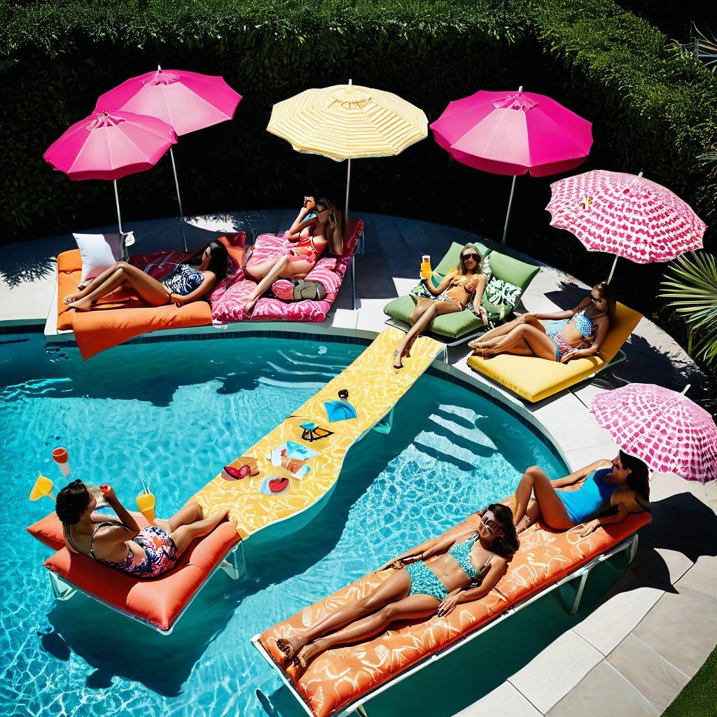 A lively scene featuring a stylish poolside party with colorful beachwear and accessories. Show a diverse group of friends in vibrant swimsuits lounging on trendy sunbeds, sipping on tropical drinks with umbrellas. Include playful pool floats, lush greenery, and bright summer sun. Capture a sense of fun and celebration in a summer vibe. vibrant colors. super-realistic.