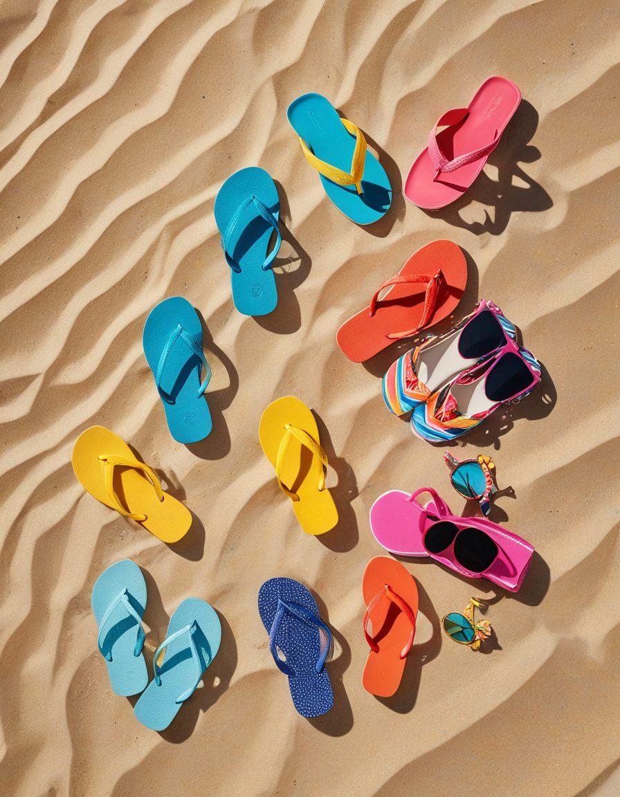 A stylish beach scene featuring a variety of fashionable summer footwear, including flip-flops, sandals, and espadrilles, artfully arranged on soft golden sand, with a vibrant blue ocean backdrop and bright umbrellas. Include playful beach accessories like sunglasses and sun hats to create a lively atmosphere. The setting should evoke a sense of relaxation and fun. super-realistic. vibrant colors. bright background.